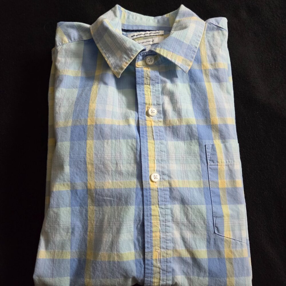 Amazon Essentials Men's Short Sleeve Plaid Blue Yellow Sz L (2)